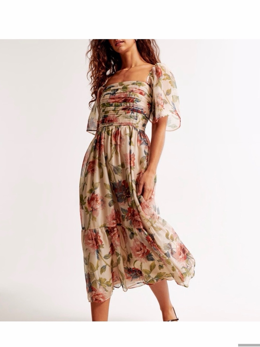 Abercrombie & Fitch Floral Emerson Square-Neck Midi Dress in Cream and Pink